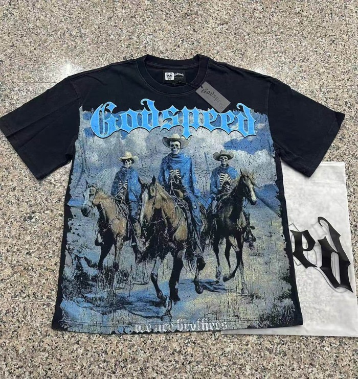 Hip Hop Streetwear Front Bright Blue Outline Gothic Font Three Cowboy Skeletons Riding Horses Desert Distressed Graphic T-Shirt 2 colors 29349548