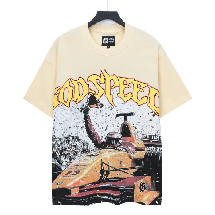 Rap Streetwear Front Gold Outline Gothic Font Helmeted Race Champion Trophy Formula Car Cracked Graphic T-Shirt 29349553