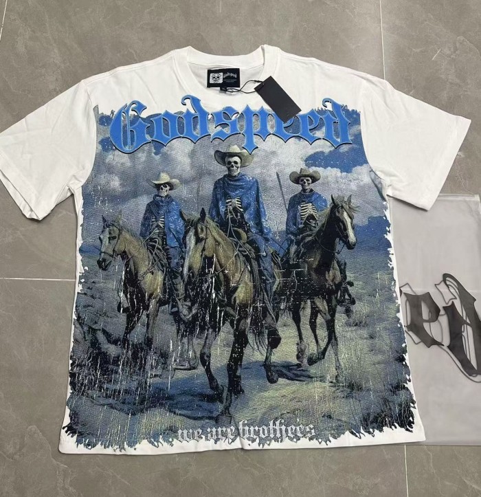 Hip Hop Streetwear Front Bright Blue Outline Gothic Font Three Cowboy Skeletons Riding Horses Desert Distressed Graphic T-Shirt 2 colors 29349548