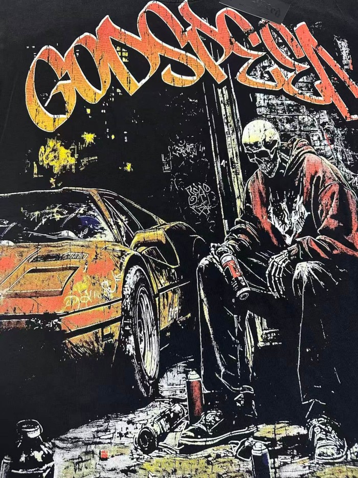 Grunge Graffiti Hip Hop Streetwear Front Orange Gradient Graffiti Script Squatting Skeleton Retro Sports Car Alley Distressed Graphic T-Shirt 2 colors 29349508