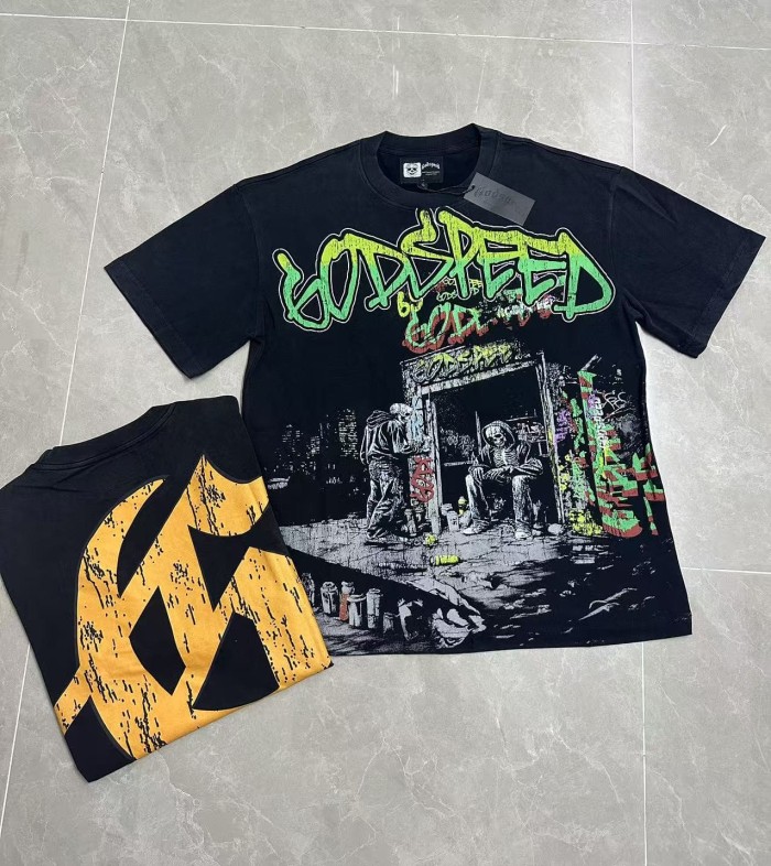 Grunge Urban Hip Hop Streetwear Front Green Red Gradient Graffiti Script Two Squatting Skeletons Alley Graffiti Wall Distressed Graphic T-Shirt 29349545