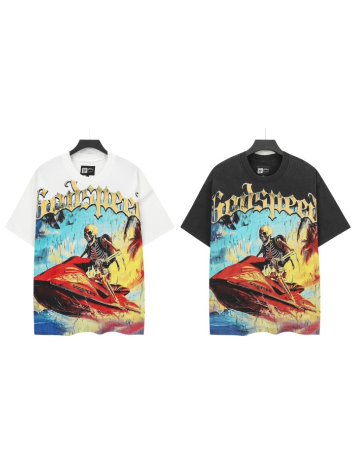 Grunge Coastal Hip Hop Streetwear Front Gradient Gothic Script Skeleton Rider Red Jet Ski Palm Tree Ocean Cracked Graphic T-Shirt 2 colors 29349516