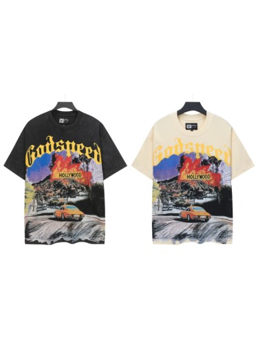 Yellow Outline Gothic Script Vintage Sports Car Hollywood Sign Palm Tree Distressed Landscape Graphic T-Shirt 2 colors 29349537