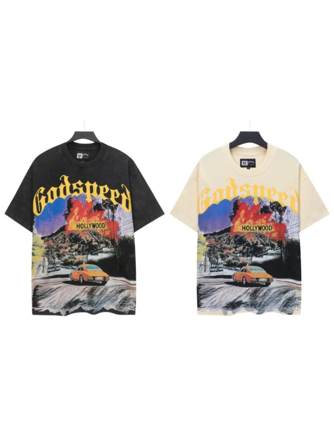 Yellow Outline Gothic Script Vintage Sports Car Hollywood Sign Palm Tree Distressed Landscape Graphic T-Shirt 2 colors 29349537