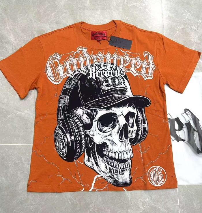 Tour Streetwear Front White Crackle Gothic Script Skull Wearing Baseball Cap Headphones Lightning Distressed Graphic T-Shirt 29353185