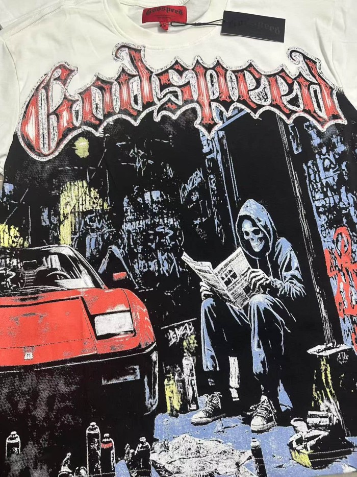 Streetwear Front Red White Crackle Gothic Script Hooded Skeleton Reading Newspaper Graffiti Wall Red Sports Car T-Shirt 2 colors 29353219