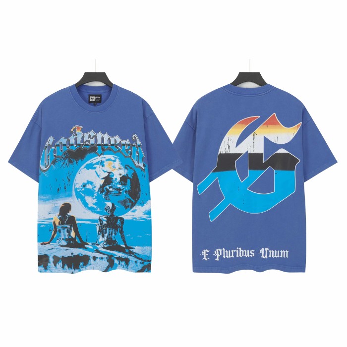 White Crackle Outline Gothic Script Human Figure Mechanical Skeleton Sitting On Rock Giant Planet Ocean Sky T-Shirt 29353431