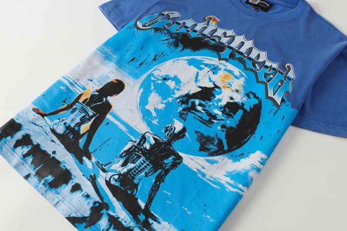 White Crackle Outline Gothic Script Human Figure Mechanical Skeleton Sitting On Rock Giant Planet Ocean Sky T-Shirt 29353431