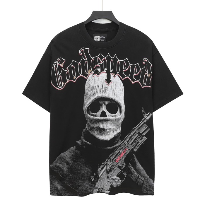 Front Black Red Outline Gothic Font Balaclava Skeleton Figure With Rifle Cracked Graphic T-Shirt 2 colors 29353183
