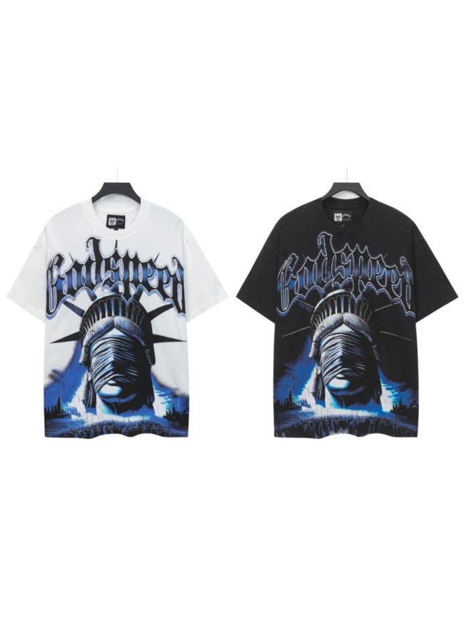 Streetwear Front Blue Gradient Outline Gothic Script Bandaged Blindfold Statue Of Liberty City Skyline T-Shirt 2 colors 29353188
