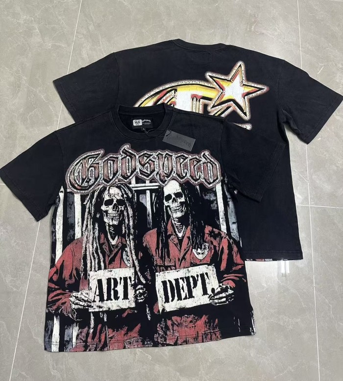 White Red Gradient Outline Gothic Script Two Dreadlock Skeletons In Prison Uniform Mugshot T-Shirt 2 colors 29353206