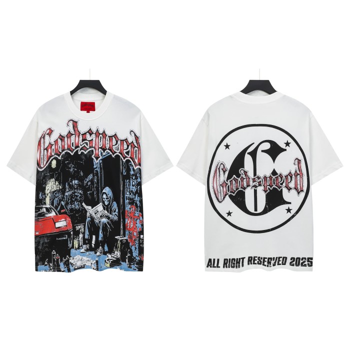Streetwear Front Red White Crackle Gothic Script Hooded Skeleton Reading Newspaper Graffiti Wall Red Sports Car T-Shirt 2 colors 29353219