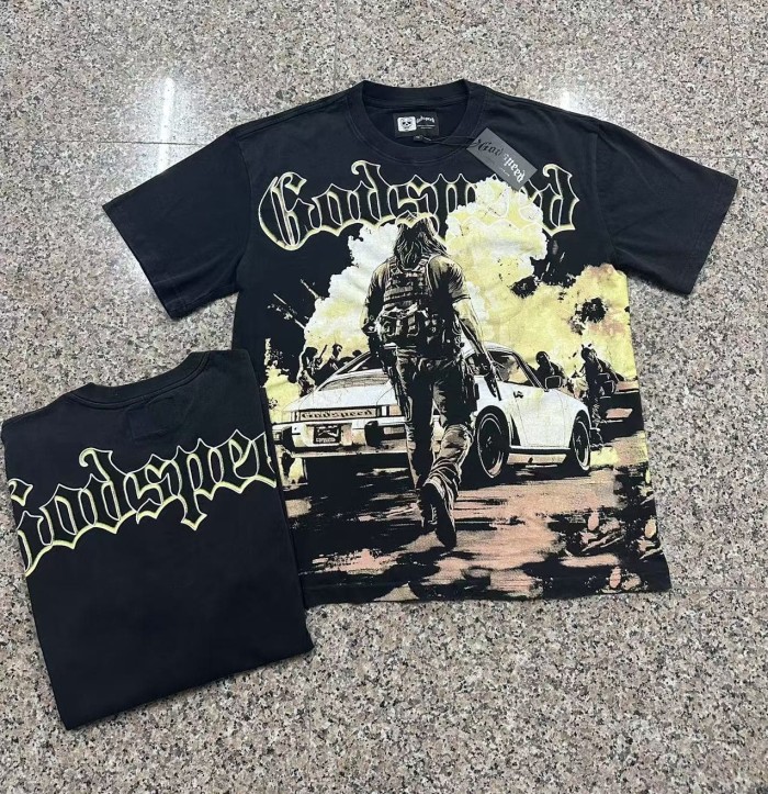 Streetwear Front Lime Yellow Outline Gothic Script Tactical Long Hair Man Vintage Sports Car Smoke Explosion T-Shirt 	 29353199