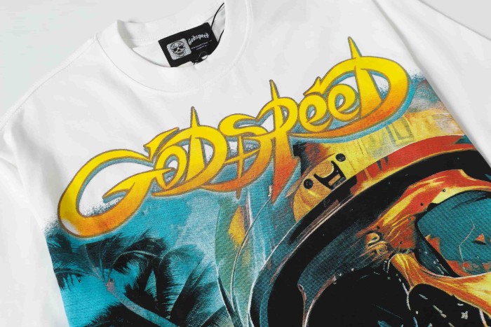 Streetwear Front Helmet Skeleton Race Car Palm Tree Island Cursive Letter Print T-Shirt 2 colors 29353551