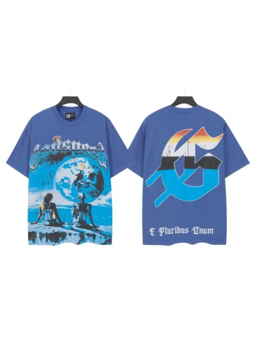 White Crackle Outline Gothic Script Human Figure Mechanical Skeleton Sitting On Rock Giant Planet Ocean Sky T-Shirt 29353431