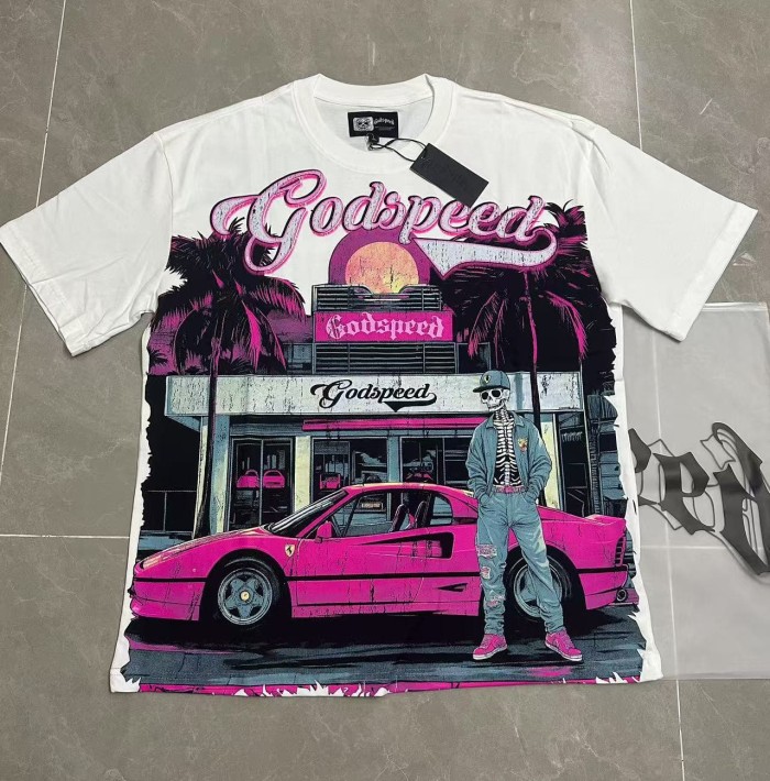 Streetwear Front Pink White Gradient Cursive Script Cowboy Skeleton Pink Sports Car Palm Tree Sunset Storefront T-Shirt 2 colors 29353195
