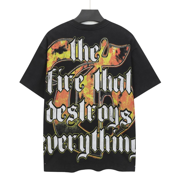 Patriotic Hip Hop Streetwear Front Gold Orange Gradient Gothic Script Skull Statue Of Liberty Torch Fire City Skyline T-Shirt 29353196