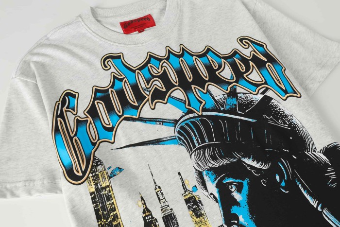 Liberty Statue Night Building Gothic Letter Print Back Full Standing Torch Statue Moon Night Graphic T-Shirt 2 colors 29353556