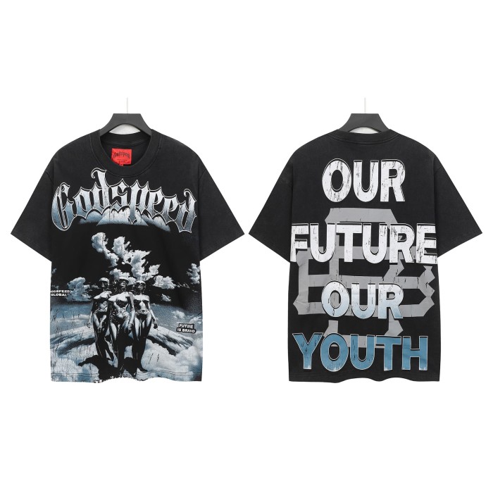 Hip Hop Streetwear Front Silver Gradient Gothic Script Three Female Figures Cloud Sky Monochrome Cracked Graphic T-Shirt 2 colors 29353191