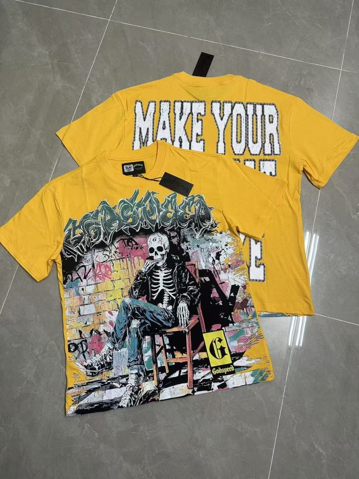 Urban Graffiti Hip Hop Streetwear Front Multicolor Bubble Graffiti Script Seated Skeleton Brick Graffiti Wall Graphic T-Shirt 2 colors 29353186