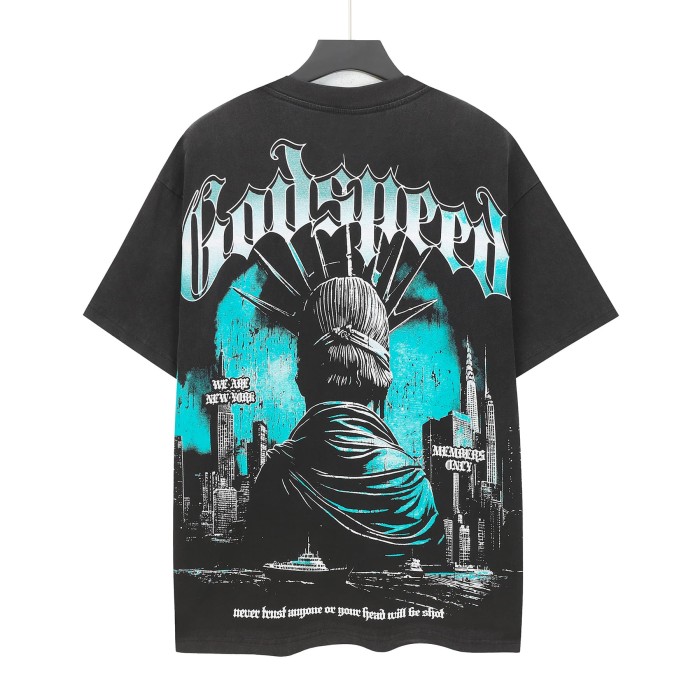Blue White Gradient Gothic Script Front View Statue Of Liberty City Skyscraper Crowd Graphic T-Shirt 2 colors 29353554