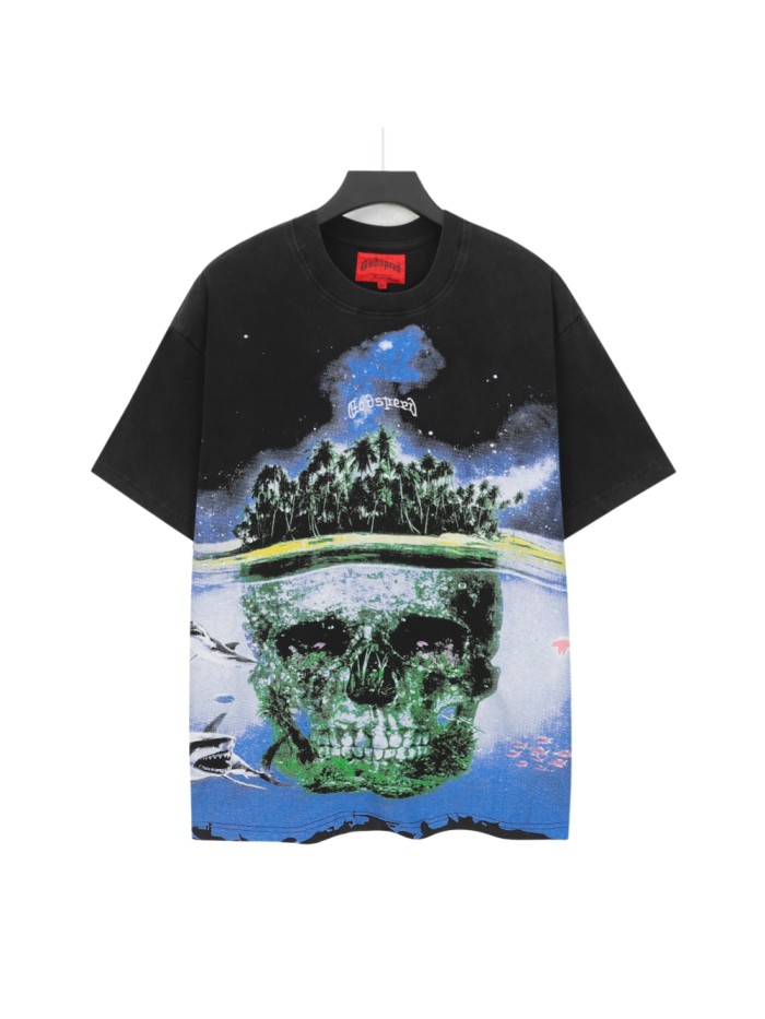 Front White Cursive Script Coral Covered Skull Underwater Palm Island Shark Starry Sky T-Shirt 29353442