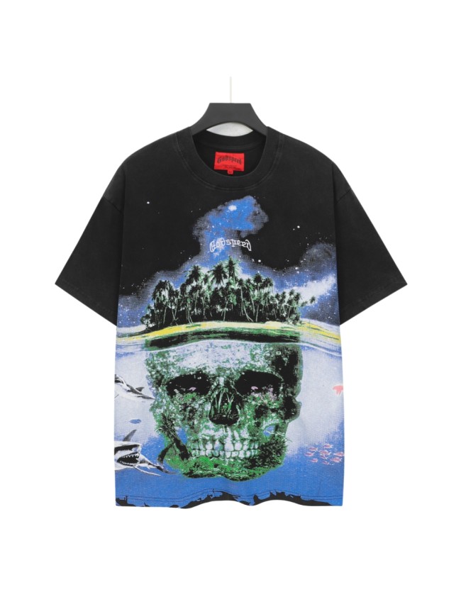 Front White Cursive Script Coral Covered Skull Underwater Palm Island Shark Starry Sky T-Shirt 29353442