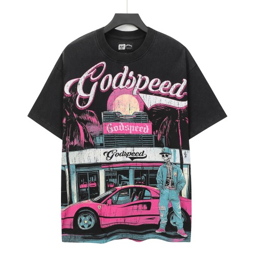 Streetwear Front Pink White Gradient Cursive Script Cowboy Skeleton Pink Sports Car Palm Tree Sunset Storefront T-Shirt 2 colors 29353195