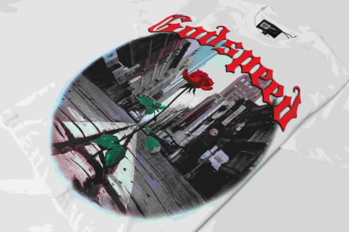 Red Outline Gothic Script Single Red Rose Growing On City Street Skyscraper Building Graphic T-Shirt 2 colors 29353544