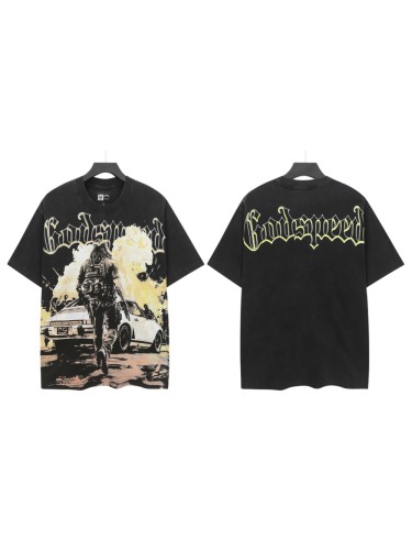 Streetwear Front Lime Yellow Outline Gothic Script Tactical Long Hair Man Vintage Sports Car Smoke Explosion T-Shirt 	 29353199