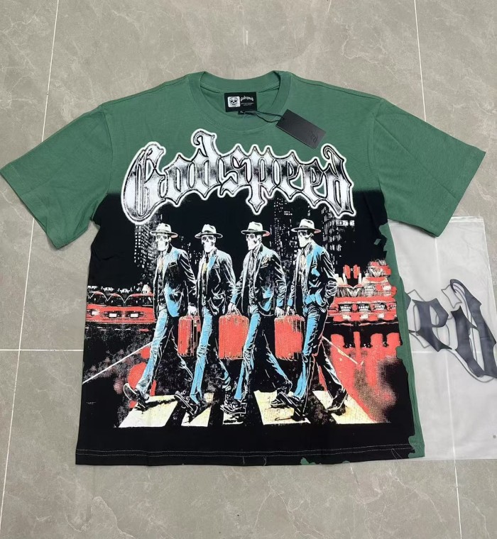 Front White Gradient Gothic Script Four Suit Cowboy Hat Skeletons Crosswalk City Building Red Classic Car T-Shirt 2 colors 29353204