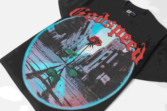 Red Outline Gothic Script Single Red Rose Growing On City Street Skyscraper Building Graphic T-Shirt 2 colors 29353544
