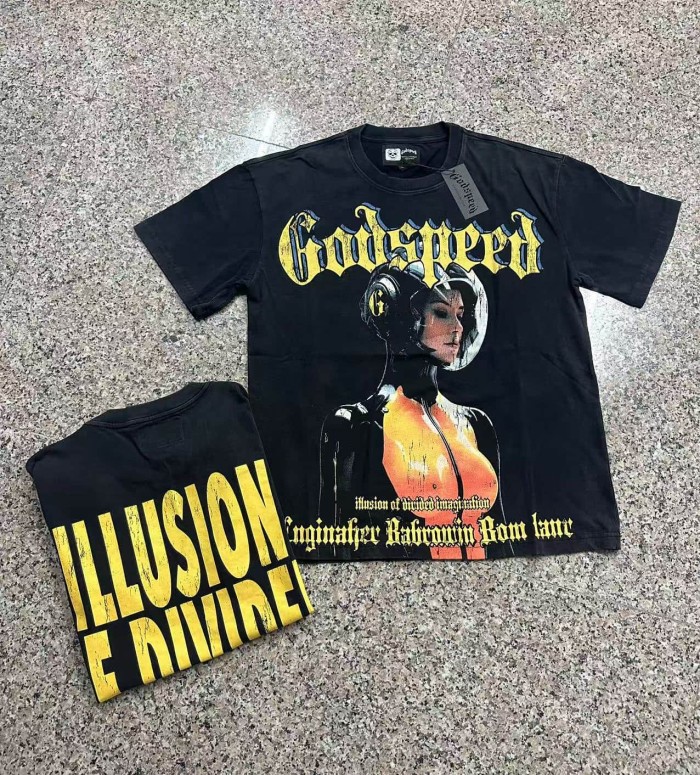 Y2K Hip Hop Streetwear Front Yellow Blue Outline Gothic Script Helmeted Cyborg Female Figure Cracked T-Shirt 29353201