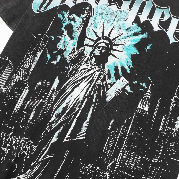 Blue White Gradient Gothic Script Front View Statue Of Liberty City Skyscraper Crowd Graphic T-Shirt 2 colors 29353554