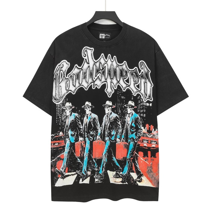 Front White Gradient Gothic Script Four Suit Cowboy Hat Skeletons Crosswalk City Building Red Classic Car T-Shirt 2 colors 29353204