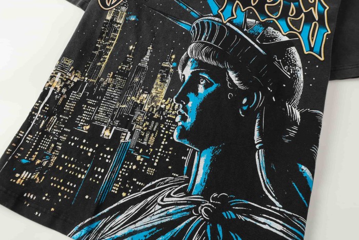 Liberty Statue Night Building Gothic Letter Print Back Full Standing Torch Statue Moon Night Graphic T-Shirt 2 colors 29353556
