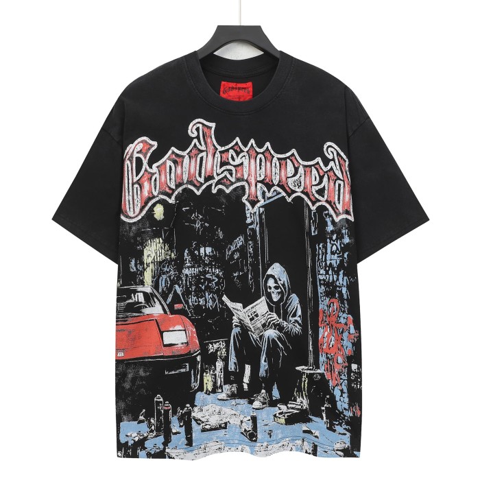 Streetwear Front Red White Crackle Gothic Script Hooded Skeleton Reading Newspaper Graffiti Wall Red Sports Car T-Shirt 2 colors 29353219