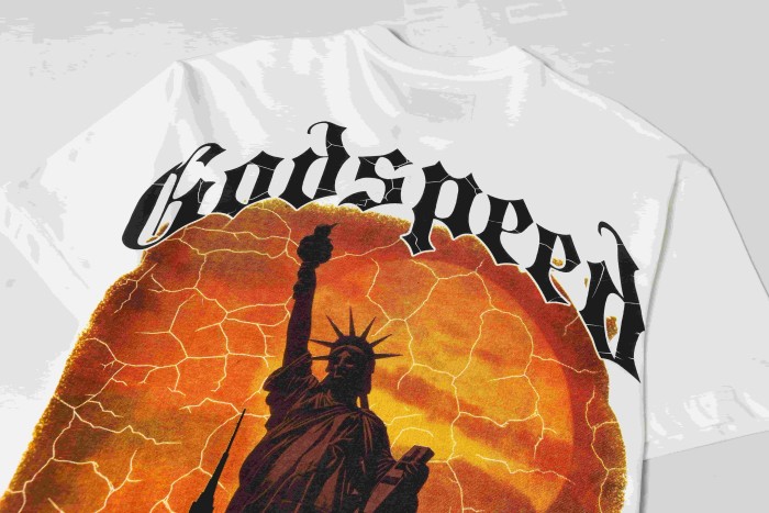 Mini Gothic Logo Print Back Large Crackle Sunset Liberty Statue City Silhouette E Pluribus Unum Latin Text T-Shirt 2 colors 29353526