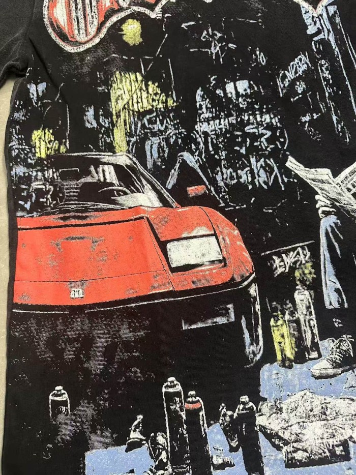Streetwear Front Red White Crackle Gothic Script Hooded Skeleton Reading Newspaper Graffiti Wall Red Sports Car T-Shirt 2 colors 29353219