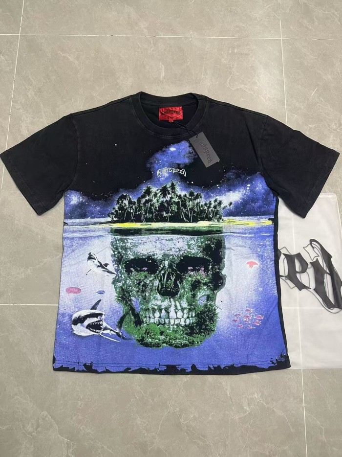 Front White Cursive Script Coral Covered Skull Underwater Palm Island Shark Starry Sky T-Shirt 29353442
