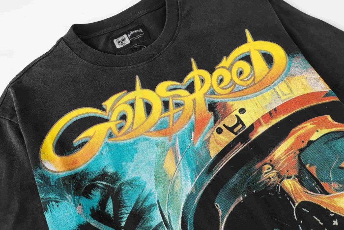 Streetwear Front Helmet Skeleton Race Car Palm Tree Island Cursive Letter Print T-Shirt 2 colors 29353551