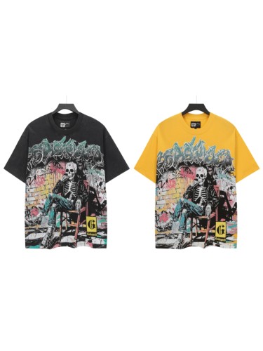 Urban Graffiti Hip Hop Streetwear Front Multicolor Bubble Graffiti Script Seated Skeleton Brick Graffiti Wall Graphic T-Shirt 2 colors 29353186