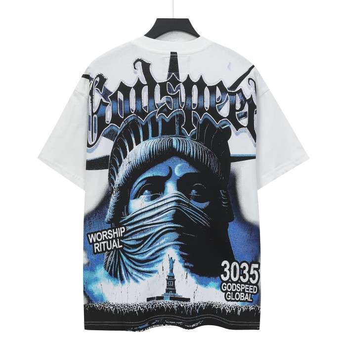 Streetwear Front Blue Gradient Outline Gothic Script Bandaged Blindfold Statue Of Liberty City Skyline T-Shirt 2 colors 29353188