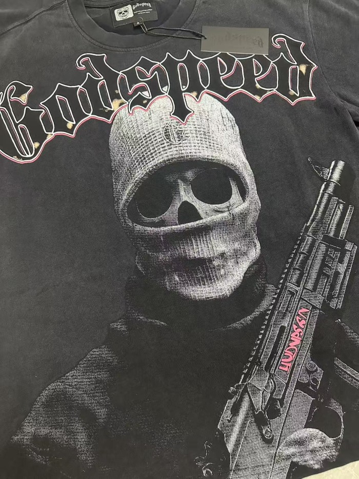 Front Black Red Outline Gothic Font Balaclava Skeleton Figure With Rifle Cracked Graphic T-Shirt 2 colors 29353183