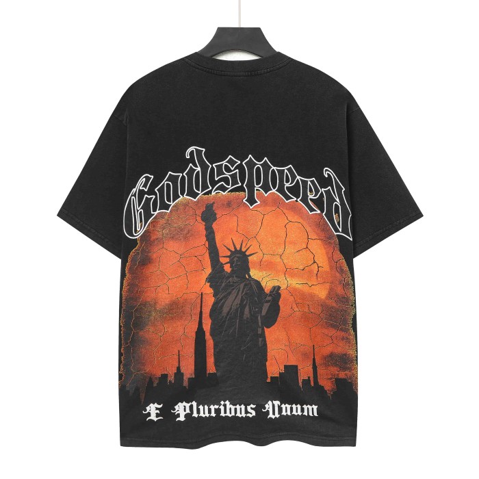 Mini Gothic Logo Print Back Large Crackle Sunset Liberty Statue City Silhouette E Pluribus Unum Latin Text T-Shirt 2 colors 29353526
