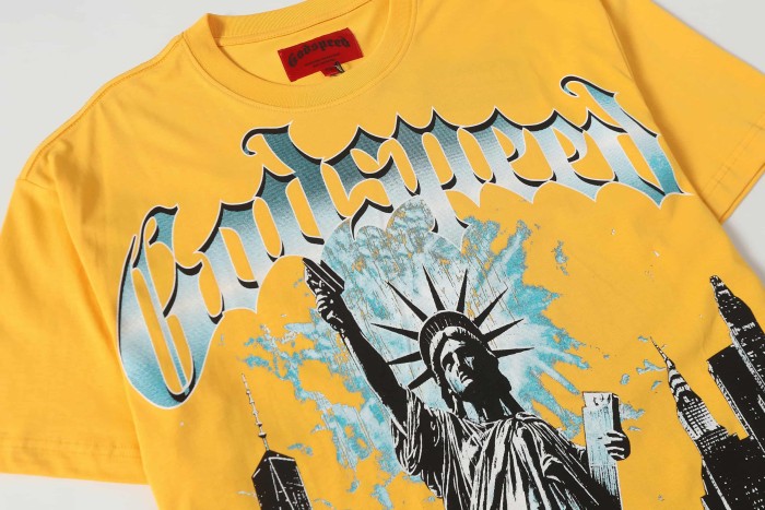 Blue White Gradient Gothic Script Front View Statue Of Liberty City Skyscraper Crowd Graphic T-Shirt 2 colors 29353554