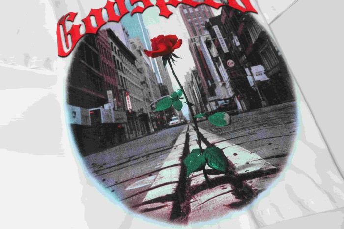 Red Outline Gothic Script Single Red Rose Growing On City Street Skyscraper Building Graphic T-Shirt 2 colors 29353544