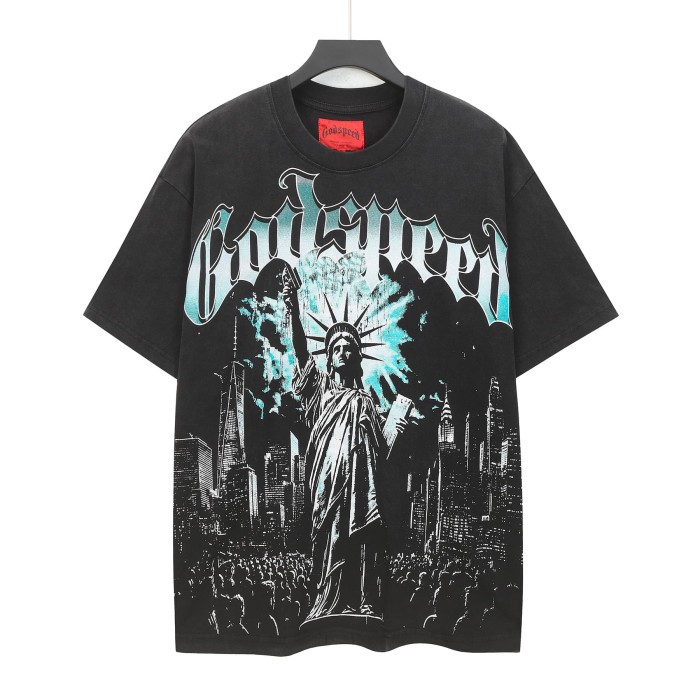 Blue White Gradient Gothic Script Front View Statue Of Liberty City Skyscraper Crowd Graphic T-Shirt 2 colors 29353554