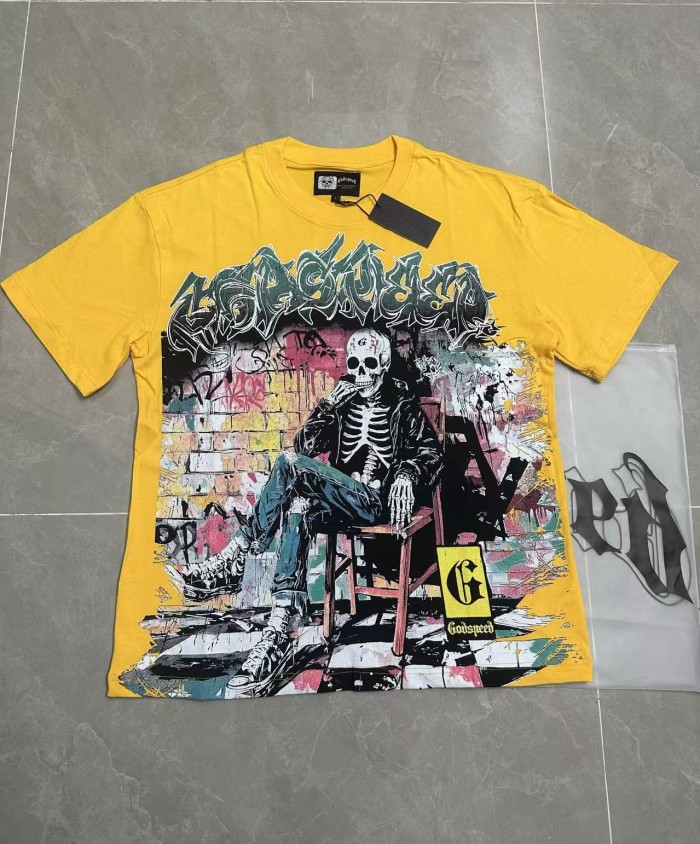 Urban Graffiti Hip Hop Streetwear Front Multicolor Bubble Graffiti Script Seated Skeleton Brick Graffiti Wall Graphic T-Shirt 2 colors 29353186
