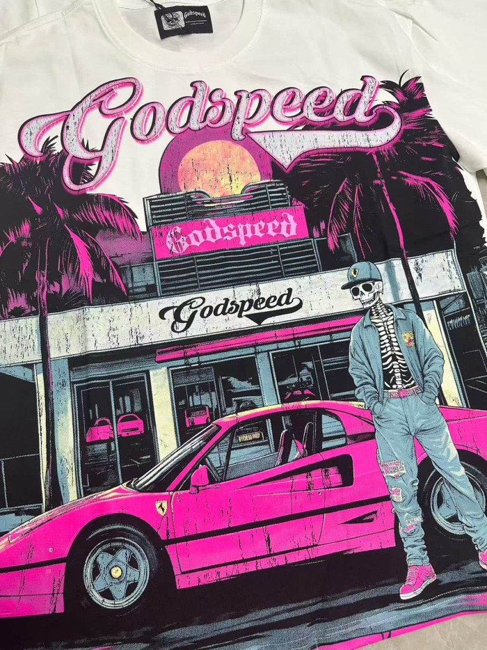 Streetwear Front Pink White Gradient Cursive Script Cowboy Skeleton Pink Sports Car Palm Tree Sunset Storefront T-Shirt 2 colors 29353195